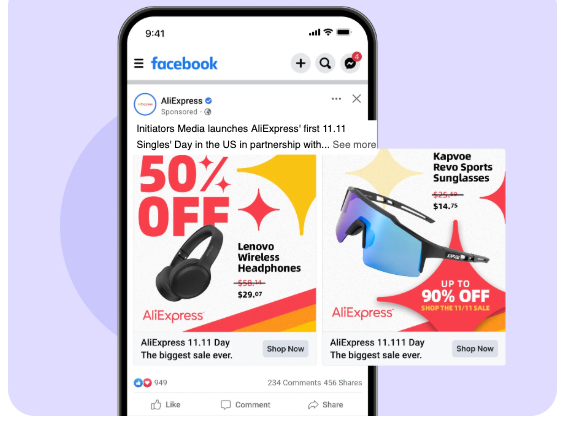 AliExpress 11.11 Facebook ads on a phone