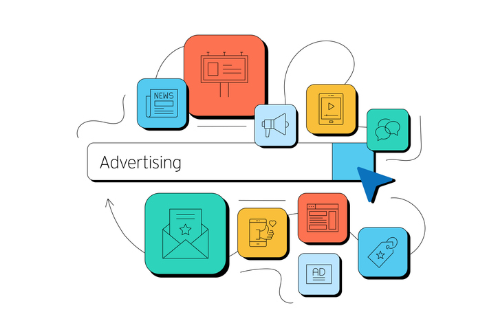 Advertising and Media Related Vector Illustration. Analysis, Social Media, Billboard, Newspaper, Magazine, Flyer, Announcement, Brand Management.