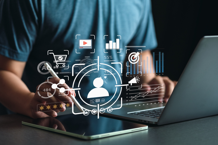 Digital marketing with AI and data analytics. Targeting customers through dashboards, statistics, and automation for business growth.